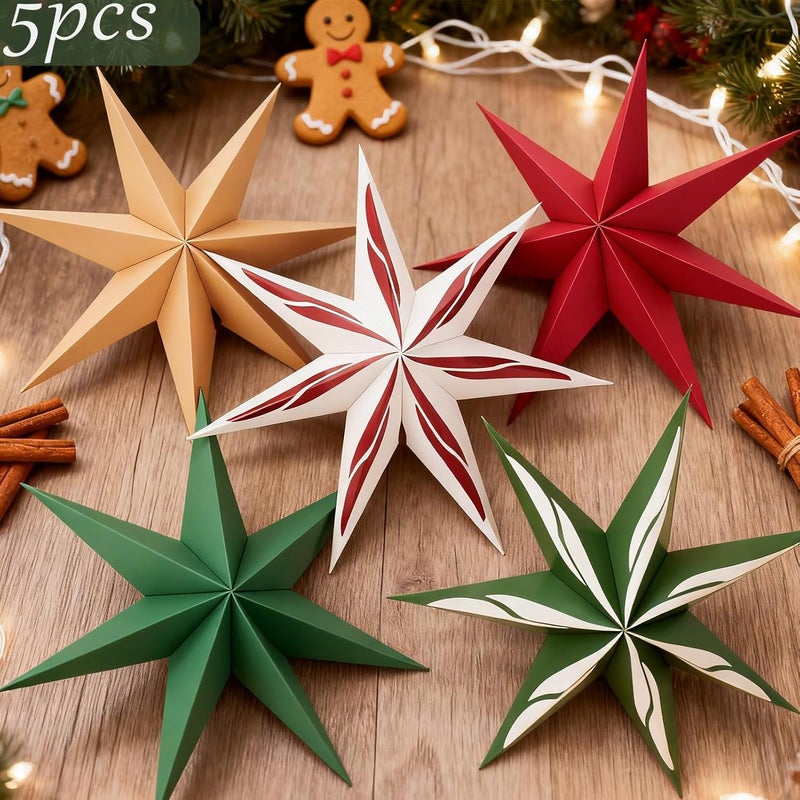 paper jazz 7-Point Paper Star Lanterns Christmas Decoration,Green and Red Christmas Hanging Ornament, Vintage Paper Star,5pcs Hanging Decor from Ceiling for Xmas,New Year,Birthday Party. - Image 5